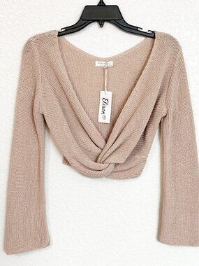 Twist Front Cropped Knit Sweater Small Neutral Softgirl Cozy Balletcore NWT